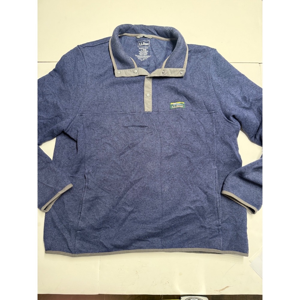 LL Bean Sweater Fleece Pullover Mens Large Blue Snap Neck 293050 Heathered Knit